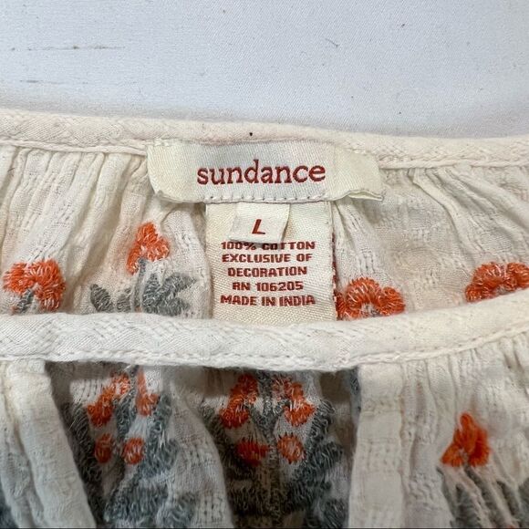 Sundance Embroidered Flowers Cotton Tunic Long Sleeve Off White Blouse L - Picture 3 of 4